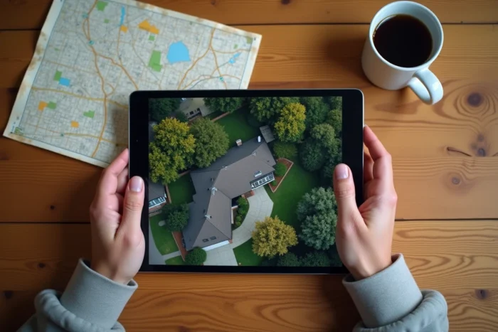 Vue de dessus d'une tablette affichant une image satellite aérienne d'une maison posée sur une table en bois avec une carte imprimée