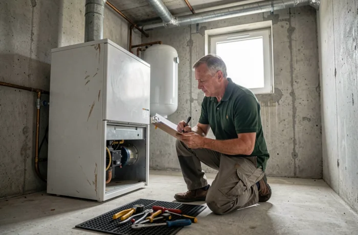 Heating technician consulting his notes in front of a floor boiler in a residential boiler room in Brussels