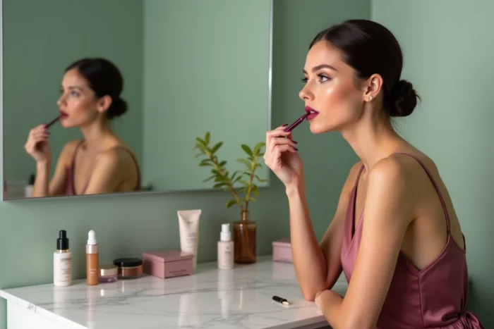 Femme soignée appliquant un rouge à lèvres tendance à sa coiffeuse en marbre, entourée de produits de beauté de saison