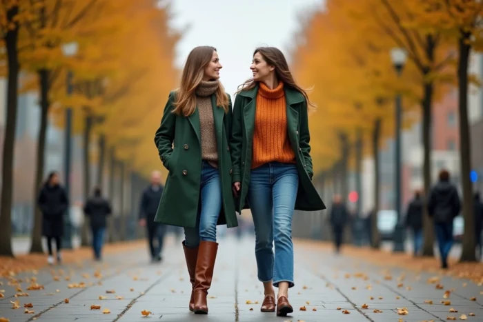 Deux femmes stylées en tenues tendances automnales se promenant dans une rue urbaine bordée d'arbres aux feuilles dorées