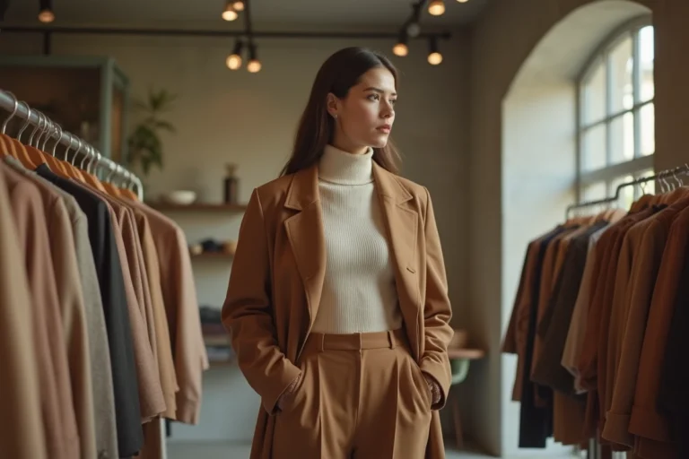 Femme élégante en blazer camel oversize explorant les tendances mode de la saison dans une boutique haut de gamme