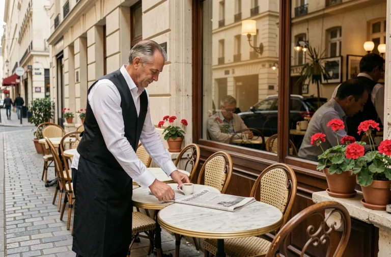 Serveur en tenue traditionnelle déposant un café expresso sur une terrasse de café parisien avec chaises en fer forgé et pavés