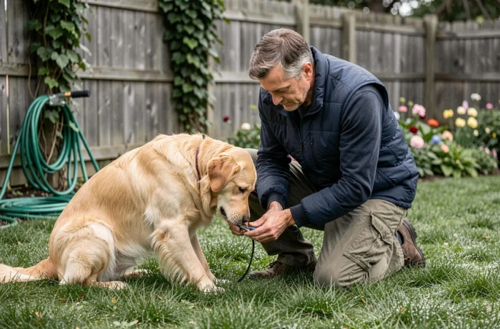 Homme soignant les griffes d'un golden retriever dans un jardin résidentiel verdoyant