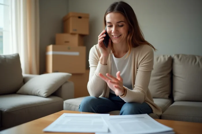 Une femme téléphone à son assureur pour anticiper le transfert de son assurance habitation avant son déménagement