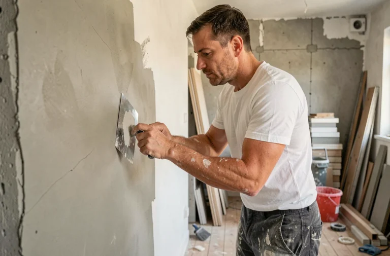 Homme en train d'enduire un mur en plâtre lors de travaux de rénovation intérieure dans un appartement