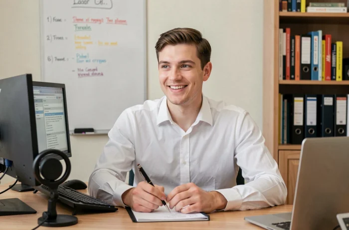Young professional tutor conducting an online tutoring session from his home office equipped with two screens and a webcam