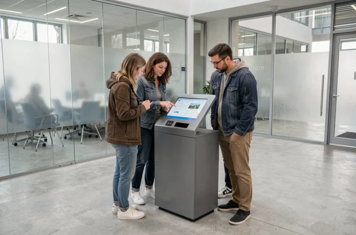 Gebruikers die een interactieve digitale kiosk gebruiken in een vereenvoudigde ontvangsthal van Neo Yvelines