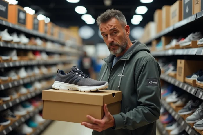 Homme inspectant l'autocollant d'authenticité holographique sous une Skechers dans un magasin de sport pour éviter les faux