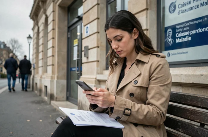 Jeune femme vérifiant sa demande de carte européenne d'assurance maladie sur son téléphone devant une CPAM