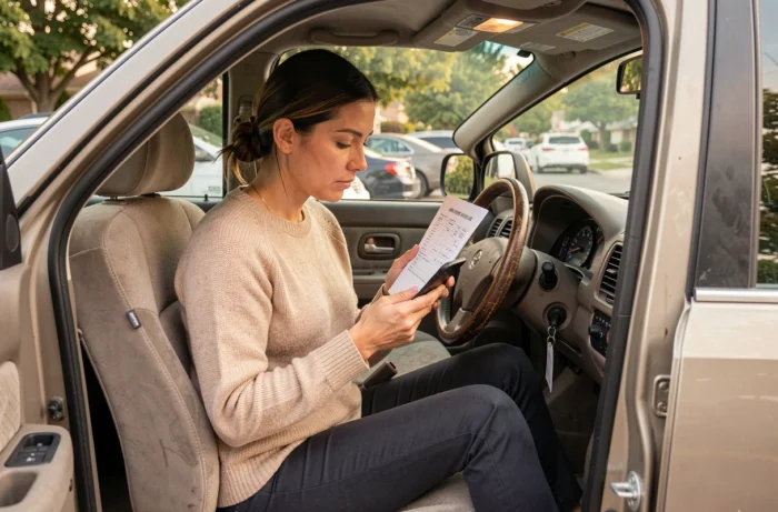 Une femme consulte le rapport d'historique d'un véhicule d'occasion depuis le siège conducteur d'un SUV, comparant les informations sur son smartphone