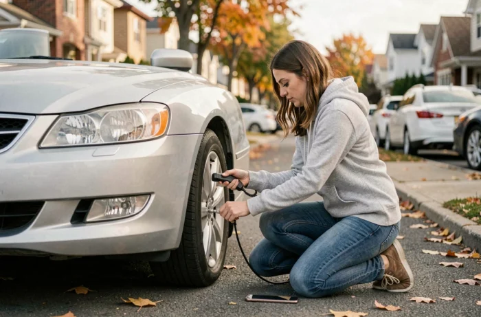 Femme vérifiant la pression des pneus de sa voiture dans une rue résidentielle calme