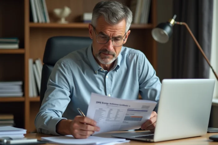Un homme examine attentivement un diagnostic de performance énergétique DPE avant de signer un bail de location