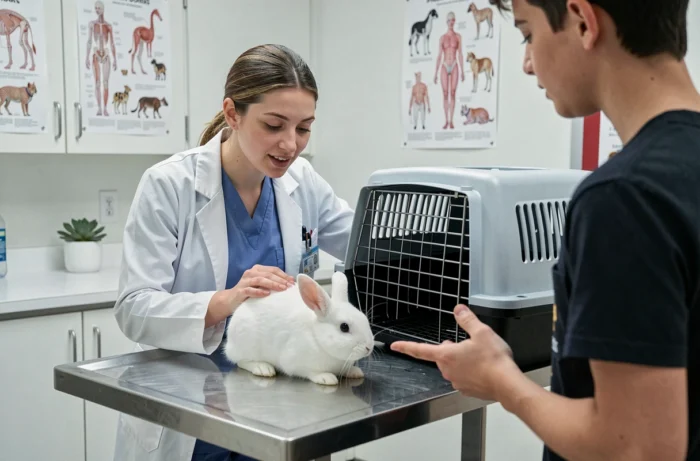 Vétérinaire examinant un lapin blanc lors d'une consultation médicale dans une clinique animale