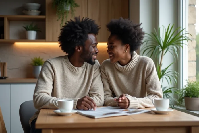 Couple dans une cuisine moderne représentant la vie familiale et l'intimité du quotidien d'un présentateur de télévision français reconnu
