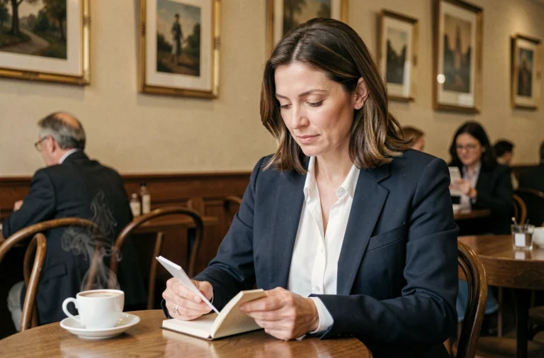 Femme élégante dans la trentaine consultant des notes dans un café parisien, illustrant la vie privée et le quotidien discret d'une personnalité publique