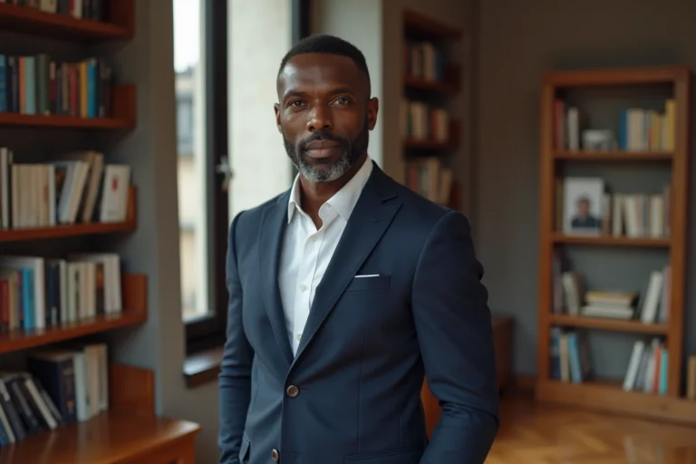 Portrait d'un présentateur de télévision français élégant dans son appartement parisien, illustrant la vie privée et le cadre familial de Lenny Roselmack
