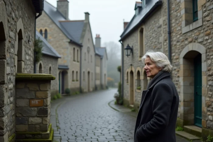 Village breton médiéval de Locronan avec église en granit, pavés et femme en manteau de laine au premier plan
