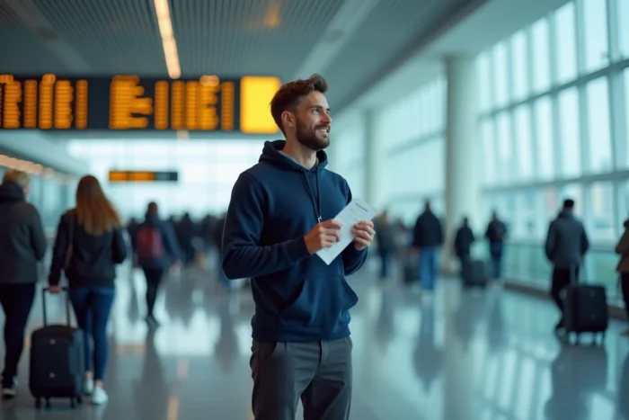 Voyageur tenant une carte d'embarquement Ryanair dans un aéroport européen moderne avec tableau des départs