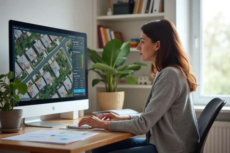 Femme consultant une vue aérienne satellite de son quartier résidentiel sur un ordinateur depuis son bureau à domicile