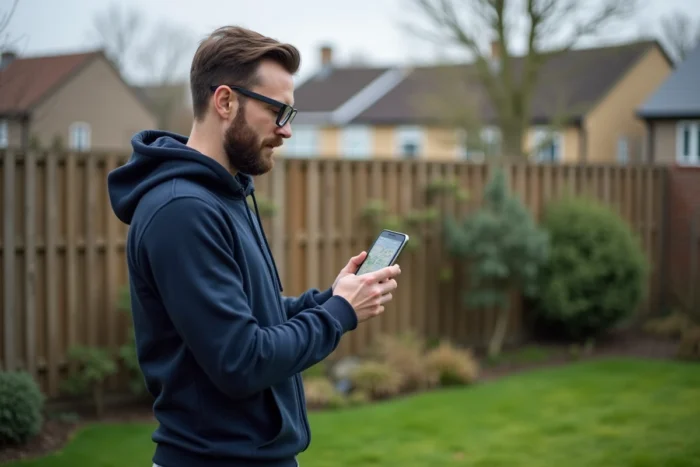 Homme dans son jardin consultant une application de vue aérienne en direct de sa maison sur smartphone
